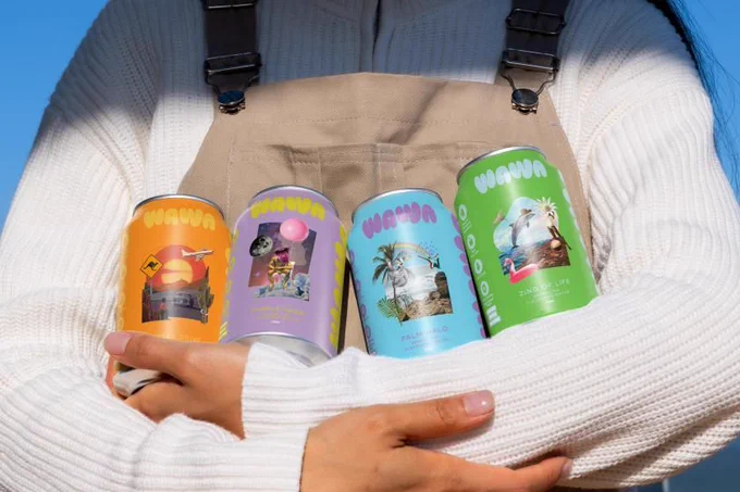WAWA sparkling water branding, with chunky inflated lettering and a summer palette.