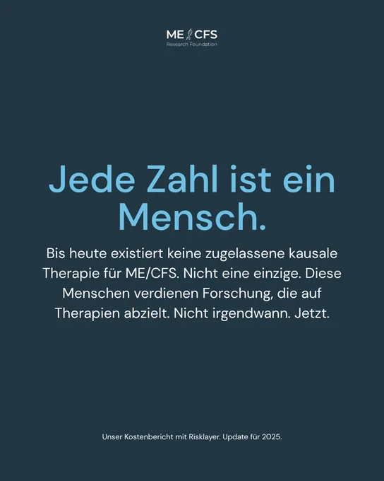 Das Bild zeigt den Schriftzug "Jede Zahl ist ein Mensch" auf einem blauen Hintergrund mit dem Logo der ME/CFS Research Foundation.