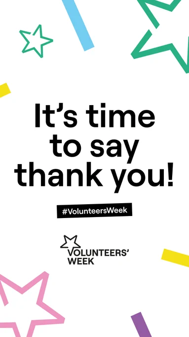 Message expressing gratitude with 'It's time to say thank you!' surrounded by multicolored stars and Volunteers' Week logo.