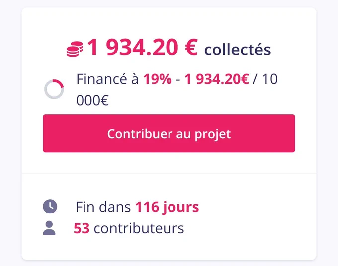 1934.20 euros collectés
financé à 19% - 1934.20 euros / 10 000 euros

Fin dans 116 jours
53 contributeurs