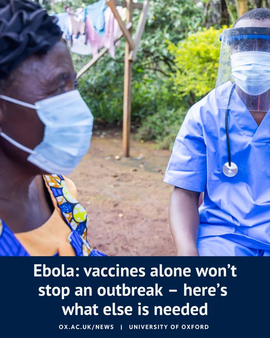 A healthcare worker wearing a face mask, face shield and stethoscope speaks with a woman wearing a face mask outdoors. The image is overlaid with the headline: “Ebola: vaccines alone won’t stop an outbreak – here’s what else is needed” alongside University of Oxford branding.