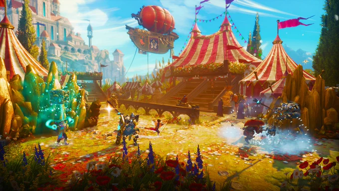 Trine 6: Together in Time screenshot showing its heroes battling across a colourful fantasy landscape, a sprawling circus big top ahead of them and a towering fairytale castle in the background.