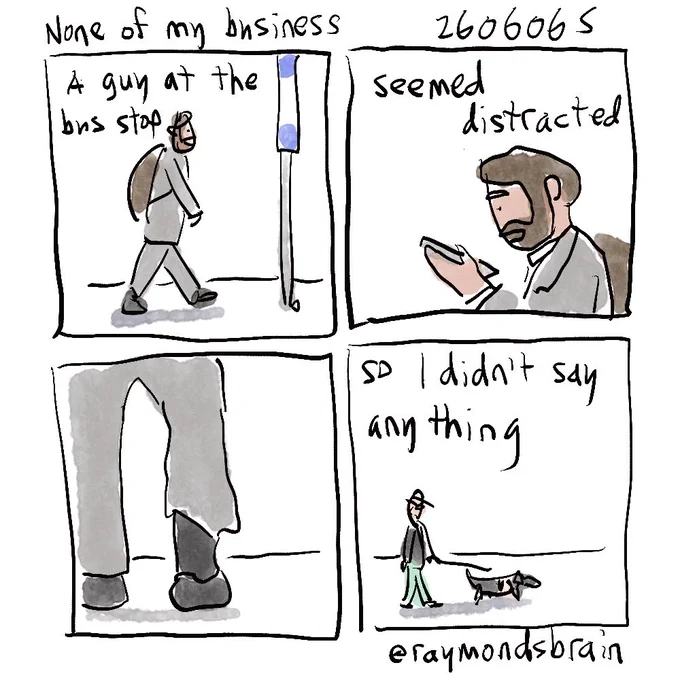 Guy at bus stop; guy looking at phone;pant leg stuck in sock; another guy walks his dog
