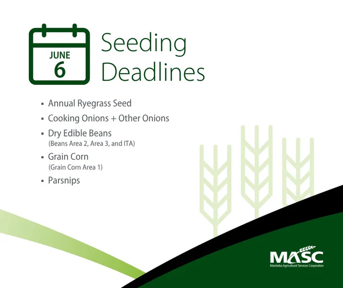 Calendar icon showing June 6 with a list of seeding deadlines for various crops including ryegrass, onions, beans, corn, and parsnips.
