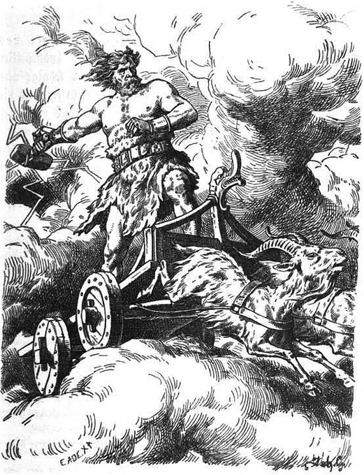 "Thor" (1901) karya Johannes Gehrts. 

Thor menerobos langit sambil memegang palu Mjöllnir yang memancarkan petir, sarung tangan Járngreipr, dan ikat pinggang Megingjörð. Thor mengendarai keretanya, ditarik oleh kambing Tanngrisnir dan Tanngnjóstr.

Source: https://www.wikipedia.org