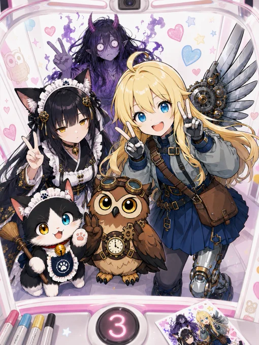 明るく爽やかな高明度アニメイラスト。1990年代後半〜2000年代初頭の懐かしいプリクラコーナーで、ヒカリ、フク、ミャオ丸、けだ丸、紫の怪異っぽい女の子がみんなでプリクラを撮っている。ヒカリは金髪と青い瞳、機械翼つきで元気よく両手ピース。ミャオ丸は黒髪の猫耳メイド姿で、少し落ち着いた表情のまま控えめなピース。フクはゴーグルと時計ギア装飾のある茶色いミミズクで、かわいく写ろうとしている。けだ丸は白黒のハチワレ子猫で、人間のような指は使わず、片方の丸い前足をちょこんと上げてみんなの真似をしている。後ろには紫色の怪異っぽい女の子が真顔で写り込み、ちゃっかりピースしていてシュールで面白い。全体はプリクラあるあるの“とりあえず全員ピース”がテーマで、ポップな飾りやシール風の写真要素もあり、どこかにうっすら隠れたミミズクがいる。