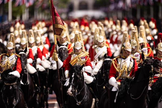 The Household Cavalry rides down the Mall in ceremonial uniform on the Colonel’s Review