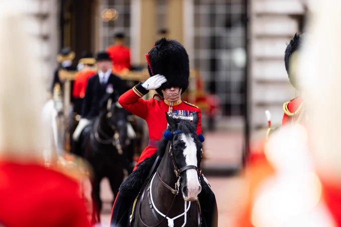 LT Gen Sir James Bucknall salutes the Grenadier Guards from his horse at Buckingham Palace on the Colonel’s Review