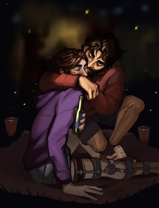 A digital drawing of Jayce and Viktor from Arcane. They are sitting on a blanket in the grass at night, lightning bugs scattered around them. Jayce, with his beard and season 2 hair, is crouching to pull Viktor in by his shoulders, pressing a kiss to his cheek. On his left leg is a long scar that runs the length of the calf. Viktor is seated with his right leg stretched out and left leg in a butterfly fold. His face is partially obscured by Jayce's arm, but his eyes are closed in a smile as Jayce kisses him. He is blushing slightly pink and is holding a beer bottle, which catches the flash of the POV camera. They are both in shorts and hoodies to fight the chill of a summer night.