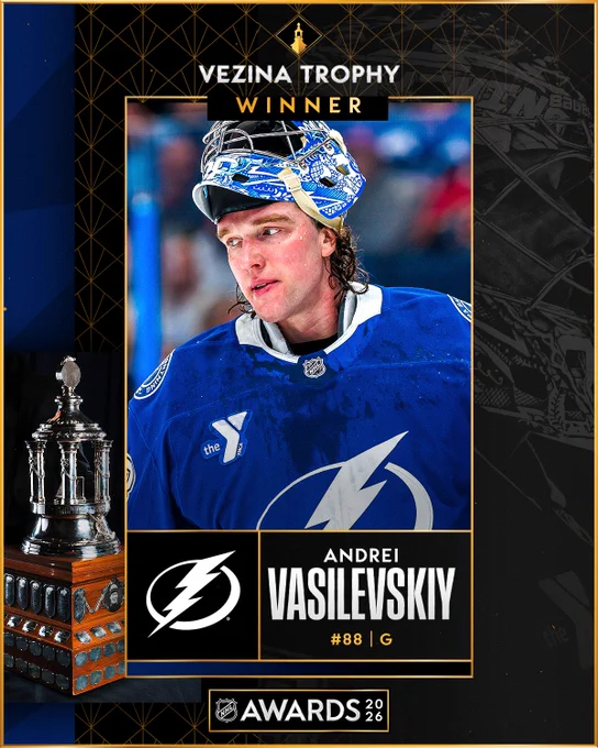 Photo of Andrei Vasilevskiy next to the Vezina Trophy and text that reads, \"Vezina Trophy winner - Andrei Vasilevskiy, TBL, #86, G\".