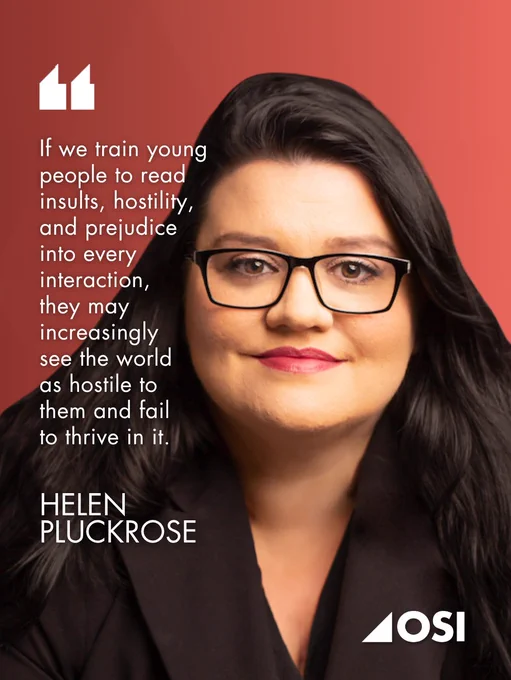 A quote about young people's perception of hostility over a portrait of a woman with glasses against a red background. The mood is thoughtful and reflective.