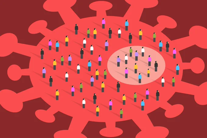 An illustration of a large, red virus particle resembling the COVID-19 virus, overlaid with numerous small figures representing people, spread across the surface and in a highlighted central area.