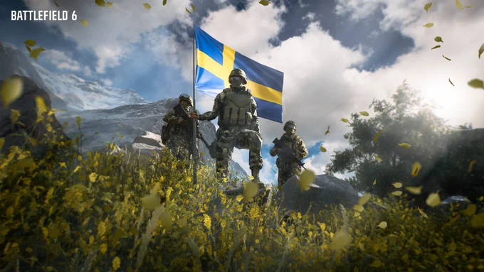 Three soldiers stand on a hill overlooking the Golmud Railway battlefield map in Battlefield 6. One soldier holds a Swedish flag that waves in the wind while the other two stand nearby in modern combat gear. Leaves and grass blow across the hillside in the breeze, and the expansive landscape stretches into the distance beneath a cloudy sky, creating a dramatic and cinematic scene.