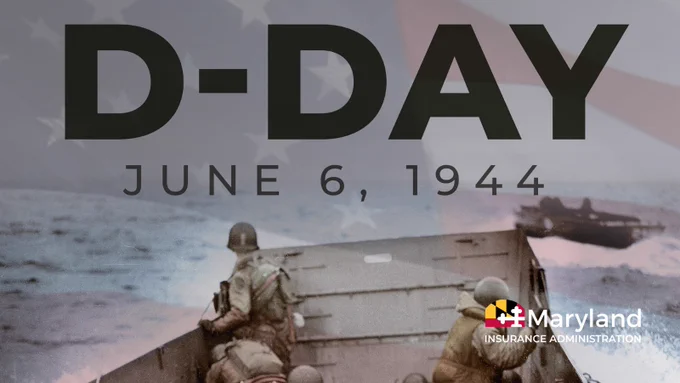 Soldiers in a landing craft with text "D-Day June 6, 1944".