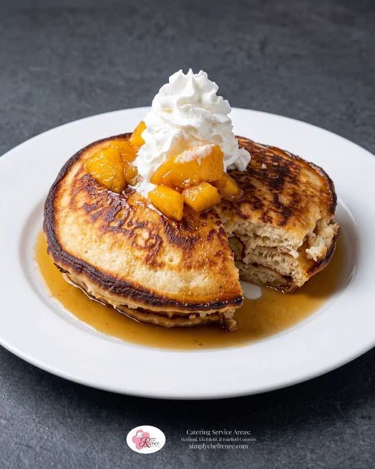 Plate of fluffy golden pancakes topped with warm peach topping, whipped cream, and syrup on a white plate. Comfort-style brunch dish by Simply Chef Renée for breakfast and catering events.
