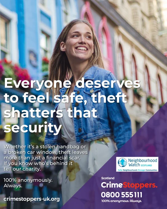 A woman smiles on a colourful street, with text about safety and reporting crime anonymously.