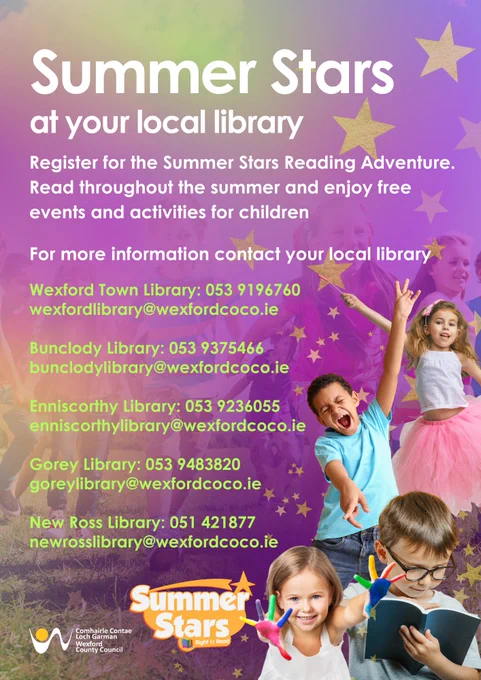 Children enjoying reading and playful activities under a colorful Summer Stars library program banner with contact details for local libraries.