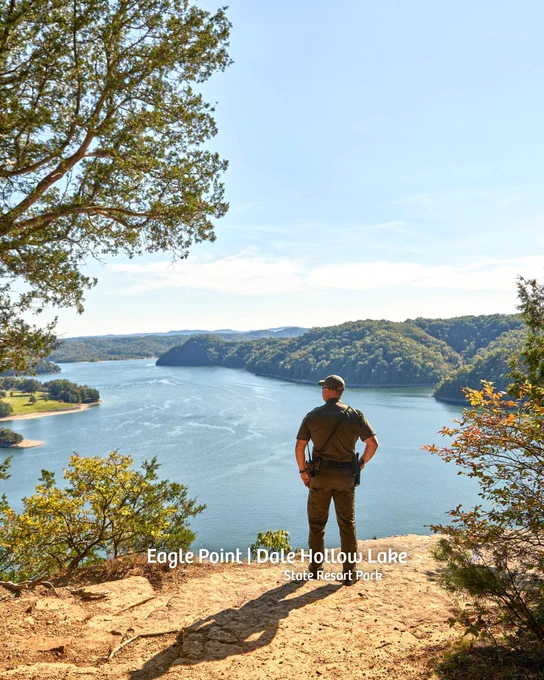 A person stands on a cliff at Eagle Point, overlooking Dale Hollow Lake. The scene includes lush green hills, calm water, and a clear blue sky.