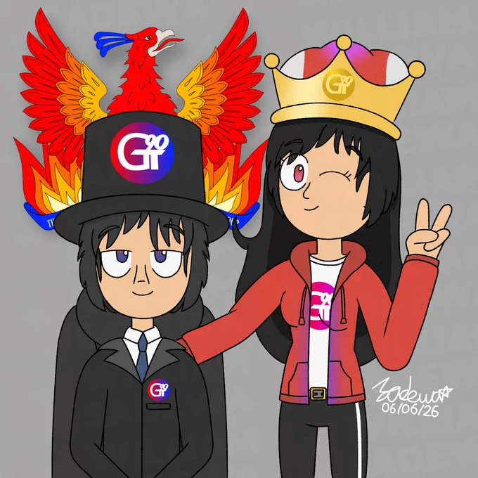 Tony sitting on an office chair  with his cool face while Tanya winks with her peace pose