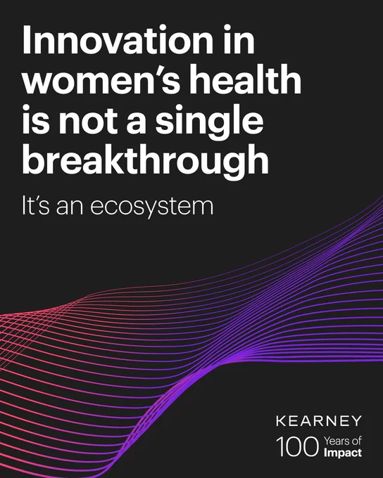 Black background with the text "Innovation in women's health is not a single breakthrough. It’s an ecosystem." Below, a wave pattern in pink and purple. Bottom right text reads "Kearney 100 Years of Impact.