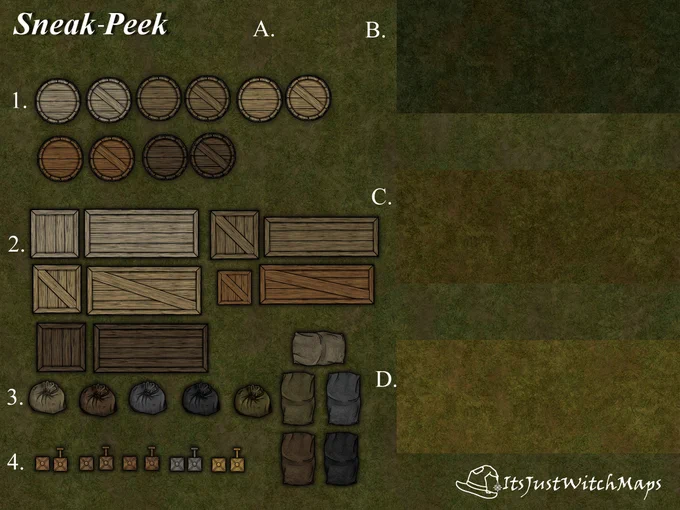 Image depicting a bunch of digitally drawn top-down assets, such as barrels, crates, sacks, and light sources. There are also snippets of grass textures. The words "Sneak-Peek" are written in white on the top left, and the words "ItsJustWitchMaps" with a witch hat logo are written in white on the bottom right.