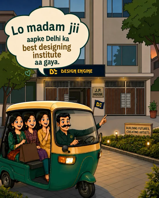 An evening illustration showing the continuation of the journey, where the auto-rickshaw has arrived in front of a modern corporate building at dusk. The building features a prominent illuminated sign that reads "DE DESIGN ENGINE" alongside a smaller sign that reads "J.P. HOUSE". The smiling auto-rickshaw driver points toward the building entrance, with a speech bubble above reading, "Lo madam jii aapke Delhi ka best designing institute aa gaya." (Look madam, your Delhi's best designing institute has arrived). The three young women look delighted. In the foreground, a low stone marker on a manicured lawn reads, "BUILDING FUTURES, CREATING ARTISTS".
