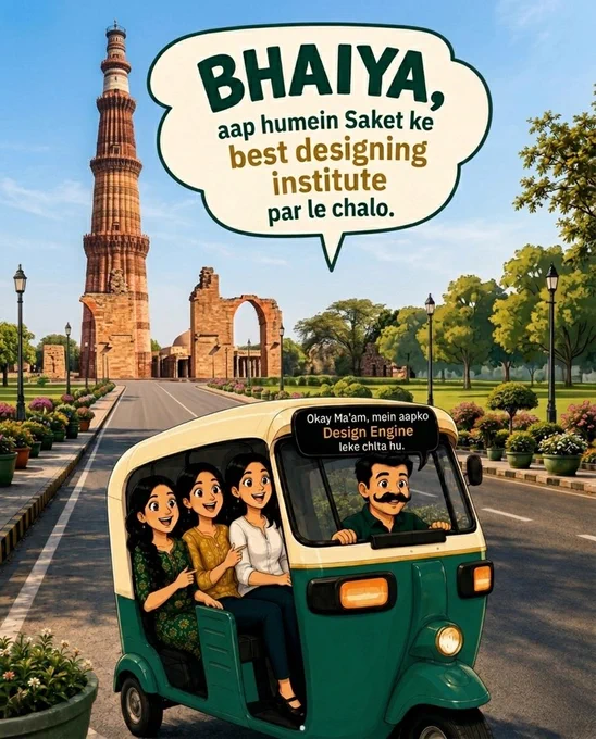 An illustrated, vibrant daytime scene in Delhi featuring an auto-rickshaw traveling on a road with the historic Qutub Minar standing tall in the background. Inside the auto-rickshaw, three young, smiling women are passengers talking to the driver, who has a prominent mustache. A large speech bubble above them reads, "BHAIYA, aap humein Saket ke best designing institute par le chalo." (Brother, take us to the best designing institute in Saket). The driver responds via a speech bubble above his dashboard: "Okay Ma'am, mein aapko Design Engine leke chlta hu." (Okay Ma'am, I am taking you to Design Engine).