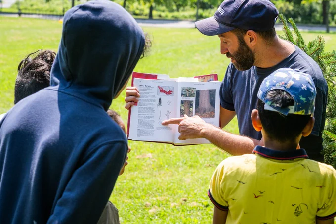 Man wearing a cap shows and explains a book to three children outdoors on a sunny day in a grassy park.