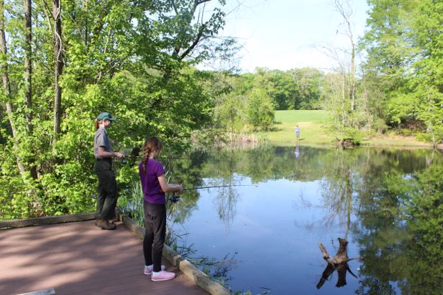 Two people fishing from a wooden dock beside a calm pond surrounded by lush green trees on a sunny day.