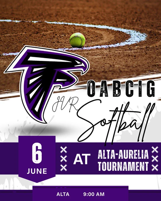 6/6 JVR Softball at Alta-Aurelia Tournament in Alta starting at 9 AM