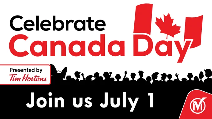 Canada Day celebration announcement with a crowd silhouette and a waving Canadian flag, inviting people to join on July 1. Presented by Tim Hortons.