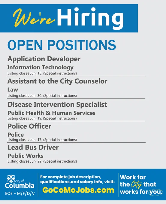 Job openings listed by the City of Columbia including Application Developer, Assistant to City Counselor, Disease Intervention Specialist, Police Officer, and Lead Bus Driver.
