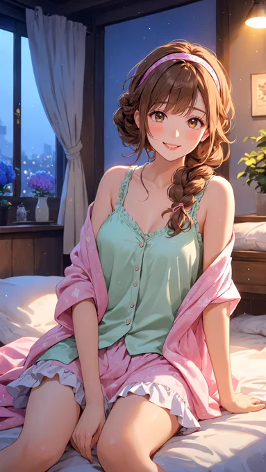 A cozy bedroom at night with soft warm lighting. Ema sits on the bed in pastel striped pajamas, hugging a fluffy white cushion close to her chest. Her hair is in twin braids with pink pins. She displays a pure, ecstatic smile showing full contentment before sleep.