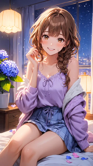 A quiet bedroom at night adorned with a potted purple hydrangea. Ema sits on her bed wearing a soft pink camisole dress, her hair swept into a side bun with a blue ribbon. She gazes ahead with a heartwarming, overjoyed expression.