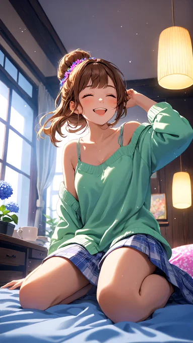Deep in the evening inside a warmly lit room. Ema sits on her cozy bed wearing striped pajamas, embracing a soft white cushion. Her braided pigtails shake slightly as she flashes an ecstatic, wide-mouthed smile of pure happiness.
