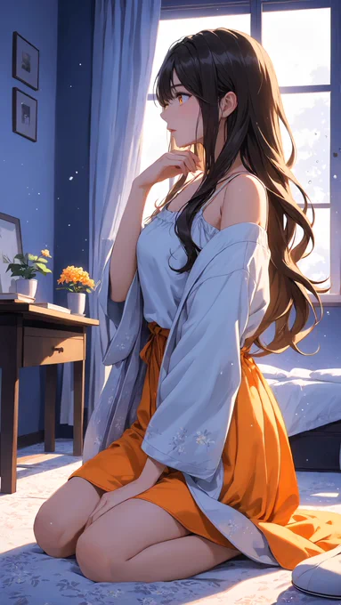 A serene and calming night scene. Masaki Kise is relaxing on her bed before sleeping, leaning against a soft white pillow. She wears a simple white camisole, depicted in a highly wholesome and healthy context of personal rest. The lighting is dim, warm, and comforting, creating a quiet and safe nocturnal atmosphere. She displays a soft, glowing smile, her dark eyes looking gently forward, conveying a sense of deep security, peace, and emotional support.