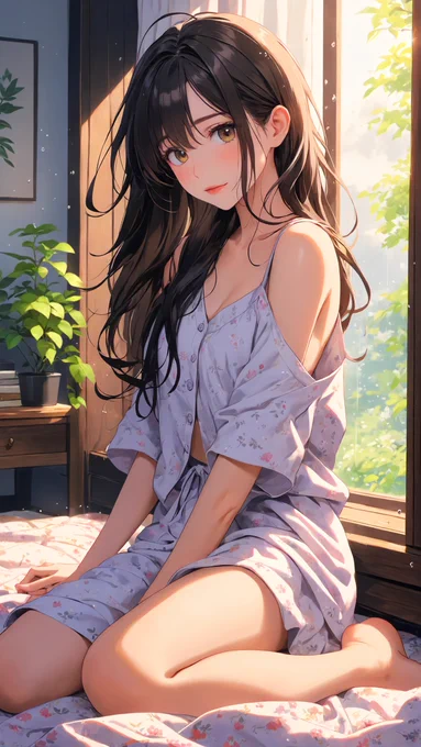 An emotionally uplifting bedtime portrait. Masaki Kise is resting in her dim, cozy bedroom, embracing a soft white pillow. Wearing a casual white camisole, she displays an overjoyed expression with a bright, luminous smile that conveys pure comfort and security. The warm internal light creates a safe, peaceful, and private sanctuary, carefully neutralizing any suggestive interpretation into a serene depiction of healthy weekend rest.