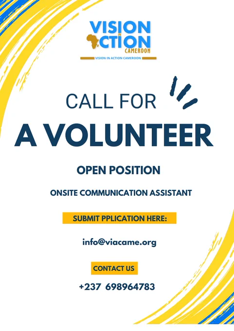 CALL FOR ONSITE COMMUNICATION VOLUNTEER ASSISTANT
Are you passionate about storytelling, social impact, digital media, and community development? Vision in Action Cameroon is seeking a dedicated and creative Communication Volunteer Assistant to support our communications and visibility efforts.
This is an excellent opportunity for recent graduates and young professionals looking to gain practical experience in communications within the nonprofit sector.
Location
Onsite – Buea, Southwest Region, Cameroon
Click here for details: https://viacame.org/call-for-onsite-communication-volunteer-assistant/


