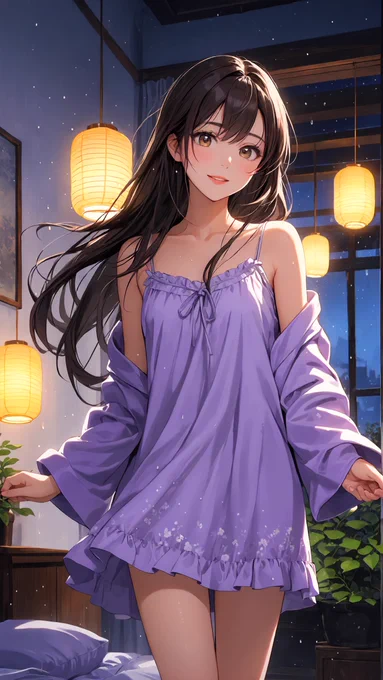 A deeply serene late-night scene. Masaki Kise is lying down comfortably on her white bed, her face gently resting against a soft pillow. She wears her comfortable white loungewear, framed in a safe, healthy, and highly protected sleep environment. The dim, poetic indoor lighting captures the quiet essence of mid-summer night rest. Her calm, glowing smile and steady black eyes radiate deep peace, offering emotional reassurance and safety to the viewer before sleep.