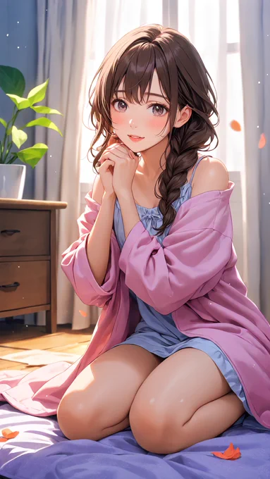 An enchanting anime illustration of Yuma Kise saying goodnight in her cozy bedroom. Surrounded by the gentle, warm glow of a bedside lamp, she sits gracefully on her bed wearing an oversized, dark brown hoodie that fully covers her. Her dark eyes express immense happiness, and she gazes with an overjoyed, peaceful expression (overjoyed expression 1.4) full of maternal comfort and deep empathy. The room carries a calm, soothing atmosphere of an early summer night, emphasizing a safe, clean, and beautifully relaxing end to the day.
