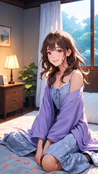 A peaceful anime illustration of Yuma Kise in a cozy bedroom at night. She is sitting on a comfortable bed with soft pillows, wearing a loose, dark cocoa-brown zip-up hoodie over a white tank top. Her soft brown hair is loose and relaxed, and her dark eyes shine under the warm, dim ambient indoor light. She turns to the viewer with a brilliantly joyful and beaming smile (beaming smile 1.4), full of gentle care and maternal warmth. The atmosphere is quiet, intimate, and perfectly safe, capturing a soothing end-of-the-day moment.