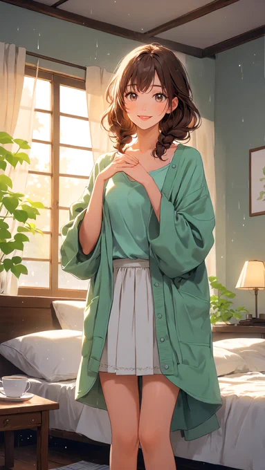A heartwarming anime illustration of Yuma Kise winding down before sleep. Resting on a neat white bed under gentle indoor night lighting, she wears a comfortable, oversized chocolate-brown hoodie. Her youthful face displays an ecstatic, melt-away smile (ecstatic smile 1.4), showing how deeply she treasures the connection with the viewer. Her dark eyes are filled with soft affection and complete trust. The scene captures a quiet, comfortable, and absolutely safe routine of a serene night, filled with emotional depth.