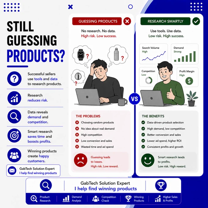 STILL GUESSING PRODUCTS?

Successful sellers use tools and data to research products.
Research reduces risk.
📩 Oriola Gabriel Olamide
GabTech Solution Expert — I help find winning products

#ProductResearch #WinningProducts #ShopifyTips #DropshippingSuccess #GabTech #EcommerceGrowth #DigitalBusiness #OnlineStore