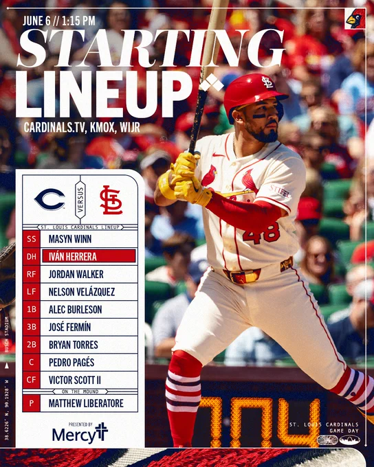 St. Louis Cardinals June 6

Masyn Winn SS
Iván Herrera DH
Jordan Walker RF
Nelson Velazquez LF
Alec Burleson 1B
José Fermín 3B
Bryan Torres 2B
Pedro Pagés C
Victor Scott II CF
Matthew Liberatore P