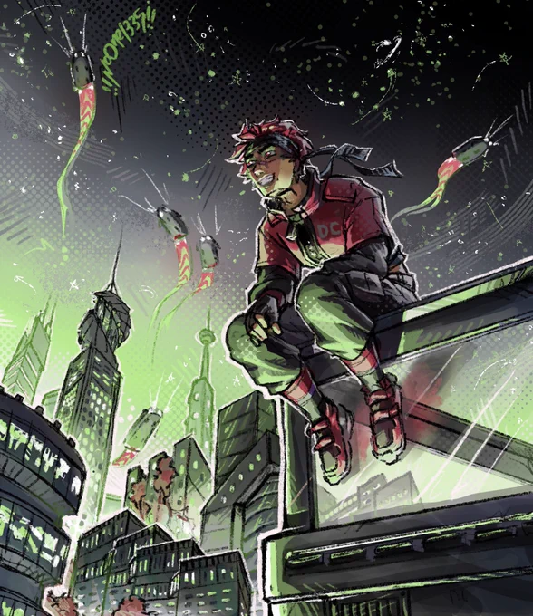 Drawing of Dakota sitting on the edge of a rooftop with a city glowing in the background and flying cars above. The colors used represent the agender Pride flag.