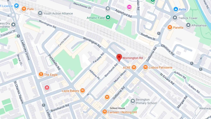 A Google Maps image showing the area where London Fire Brigade is currently responding to a fire. Wornington Road in highlighted.
