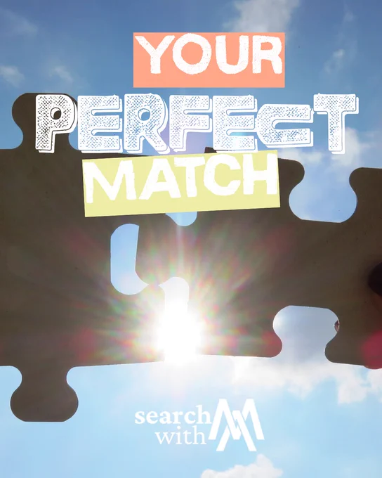 Two puzzle pieces held against the sky with sunlight shining through. The image features text overlay promoting a perfect match concept.