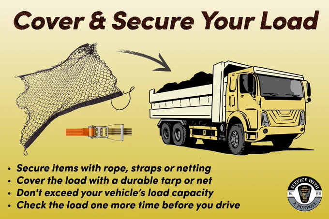 An illustrated commercial truck hauls a load of dirt, beside of a net and strap with arrows pointing to the bed of the truck. The infographic encourages drivers to, "Cover and Secure Your Load," with safety tips. 
