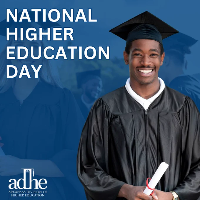 Smiling man in graduation gown and cap holding a diploma, with "National Higher Education Day" text on blue background.