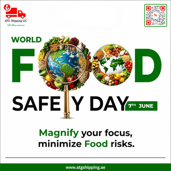 World Food Safety Day poster with globe and food imagery.
